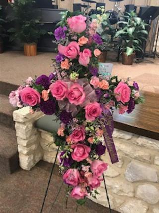 Cross Covered with Pinks & Lavender Fresh Flowers 
